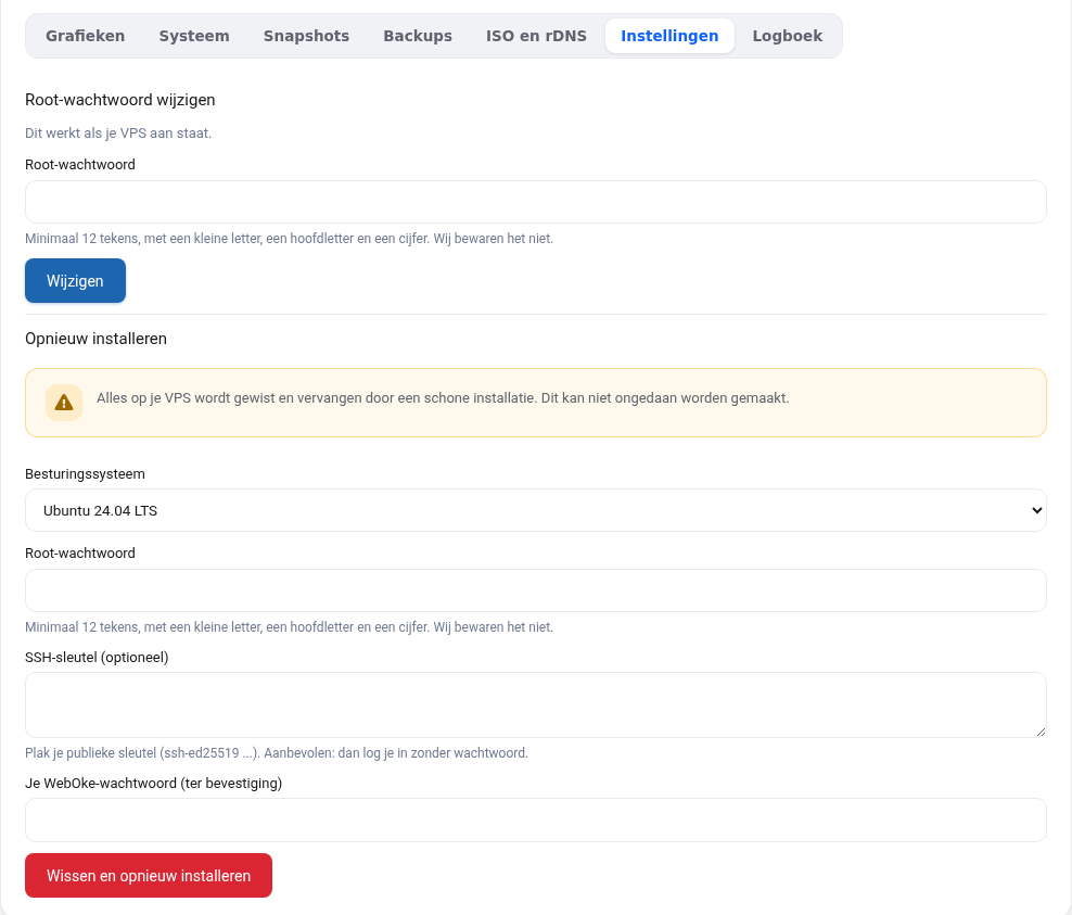 Skirtukas Nustatymai su root slaptažodžio keitimu