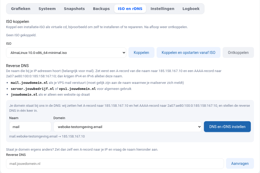 Skirtukas ISO ir rDNS su ISO pasirinkimu ir mygtukais Prijungti bei Atjungti
